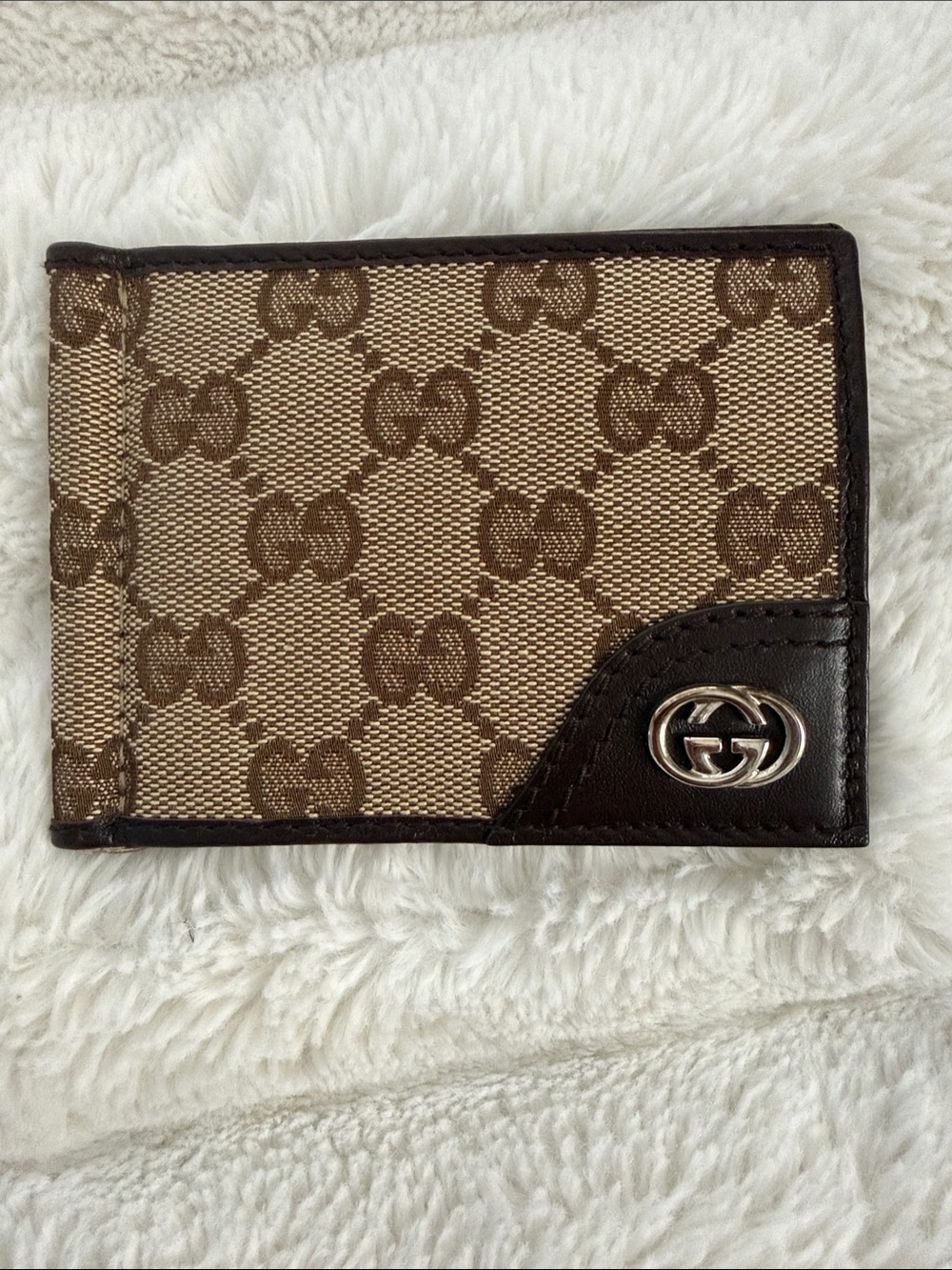 Gucci Brown & Beige GG Canvas Card Holder with Silver Emblem